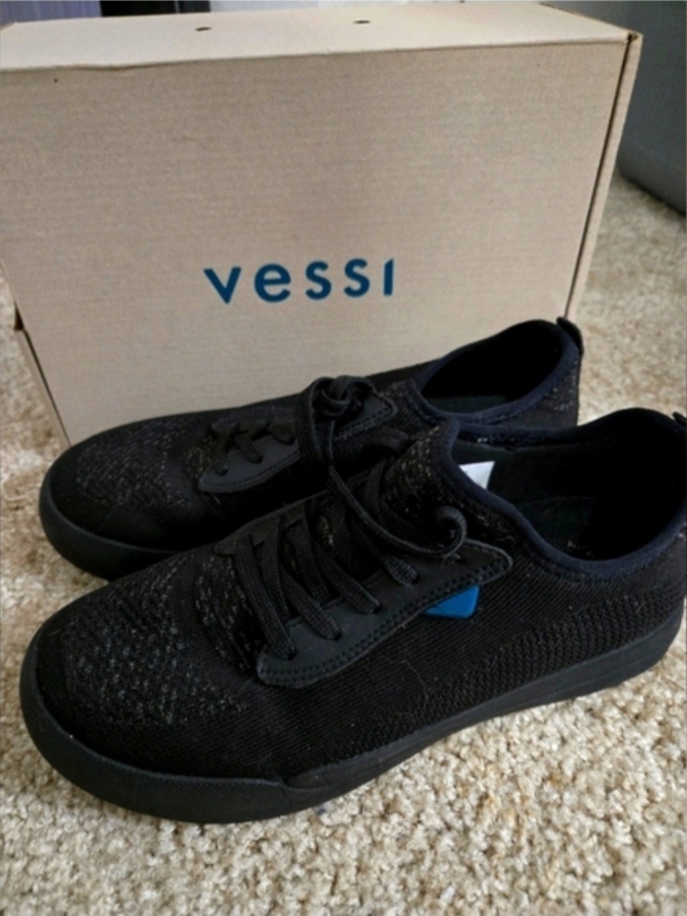 Vessi Womens Black Knit Sneakers with Subtle Blue Accent
